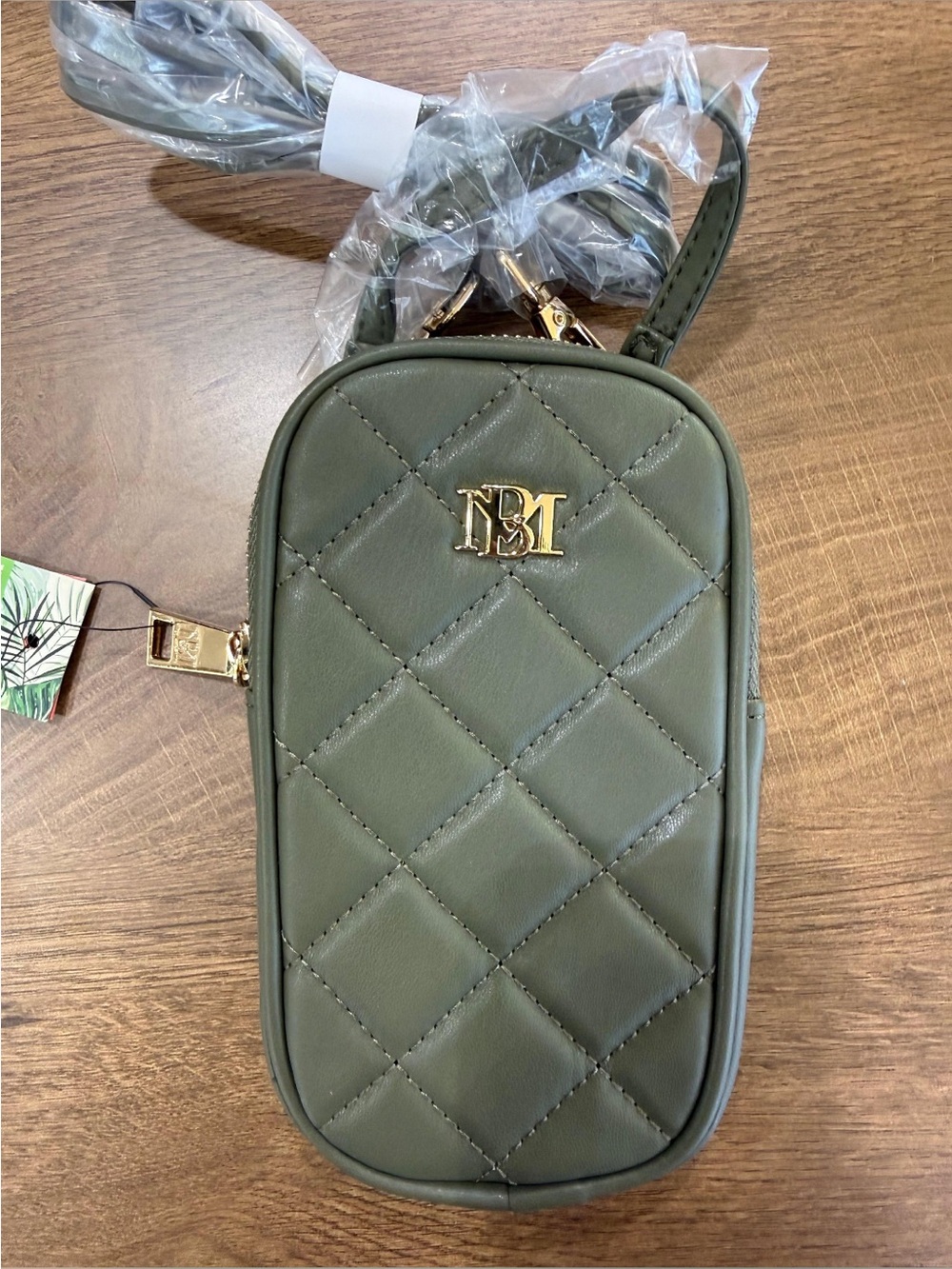 Badgley Mischka Quilted Olive Green Crossbody with Gold Logo